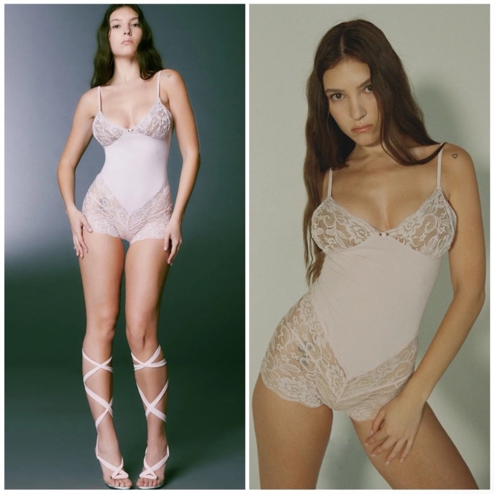 I.AM.GIA Pale Pink Lace Trim Sheer Bodysuit Romper